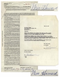 Two 1959 Contracts Signed by Moe Howard -- One 8.5 x 11 for Three Stooges Performances Signed; Other 2pp. 8.5 x 15.5 Rider Regarding Syndication Rights, Signed & Initialed -- Very Good